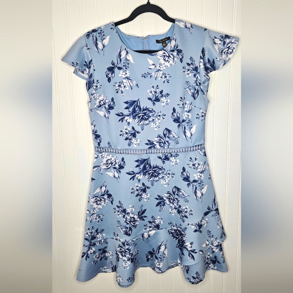 City Studio Light Blue Floral Fit & Flare Dress - Size 13 - Ruffle Hem - Juniors